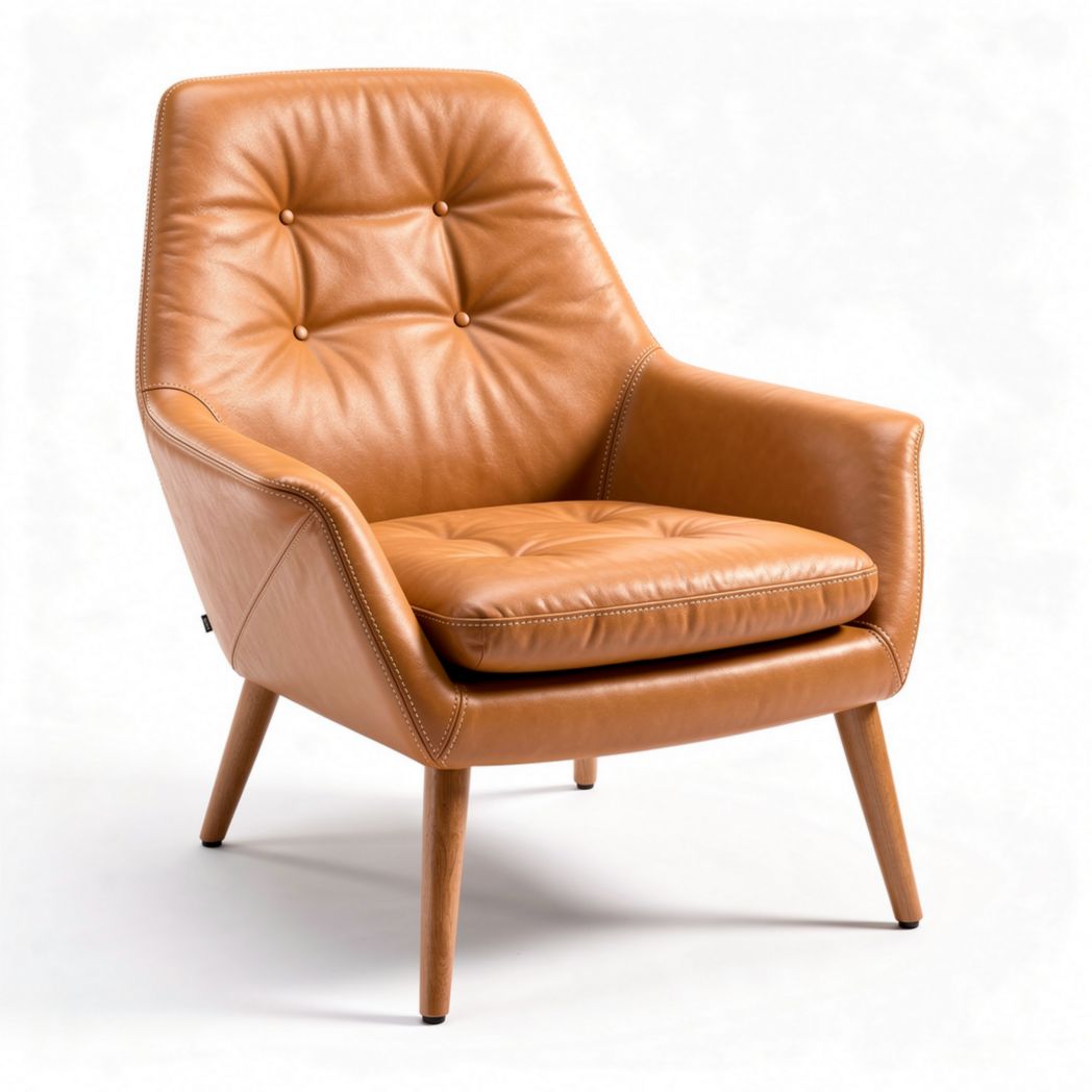 Kame stoel van bruin leer met houten poten afmetingen 75 x 80 x 85cm
