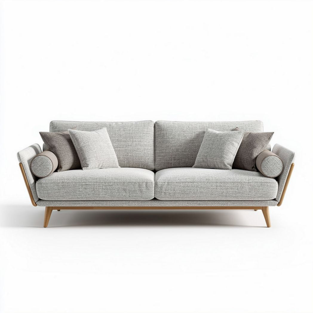 Grijs stoffen bank met houten poten en kussens 200 x 90 x 80cm