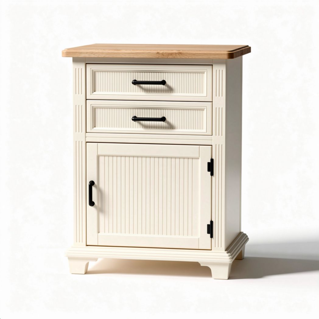 Opbergkast met houten blad 45 x 35 x 70cm in off-white met twee lades