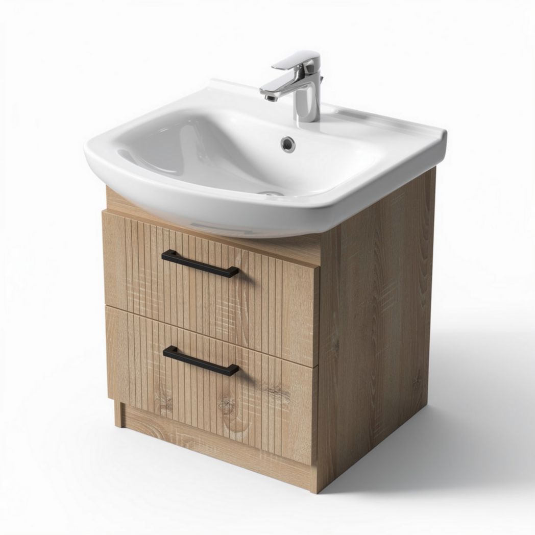 Waskom met houten kast en twee lades in natuurlijk eiken 60 x 45 x 85cm