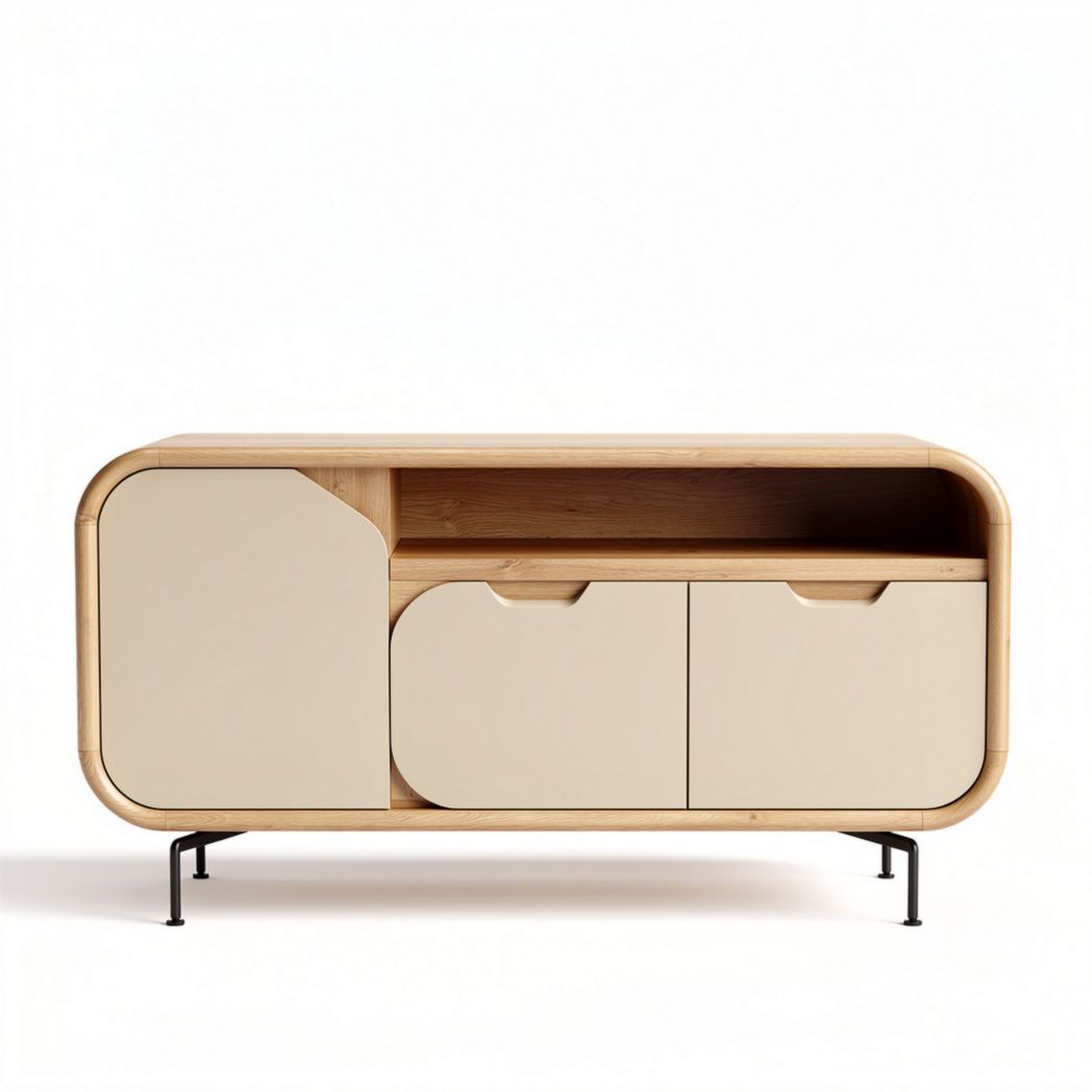Bamboe tv-meubel met beige deuren en open planken 120 x 40 x 75cm