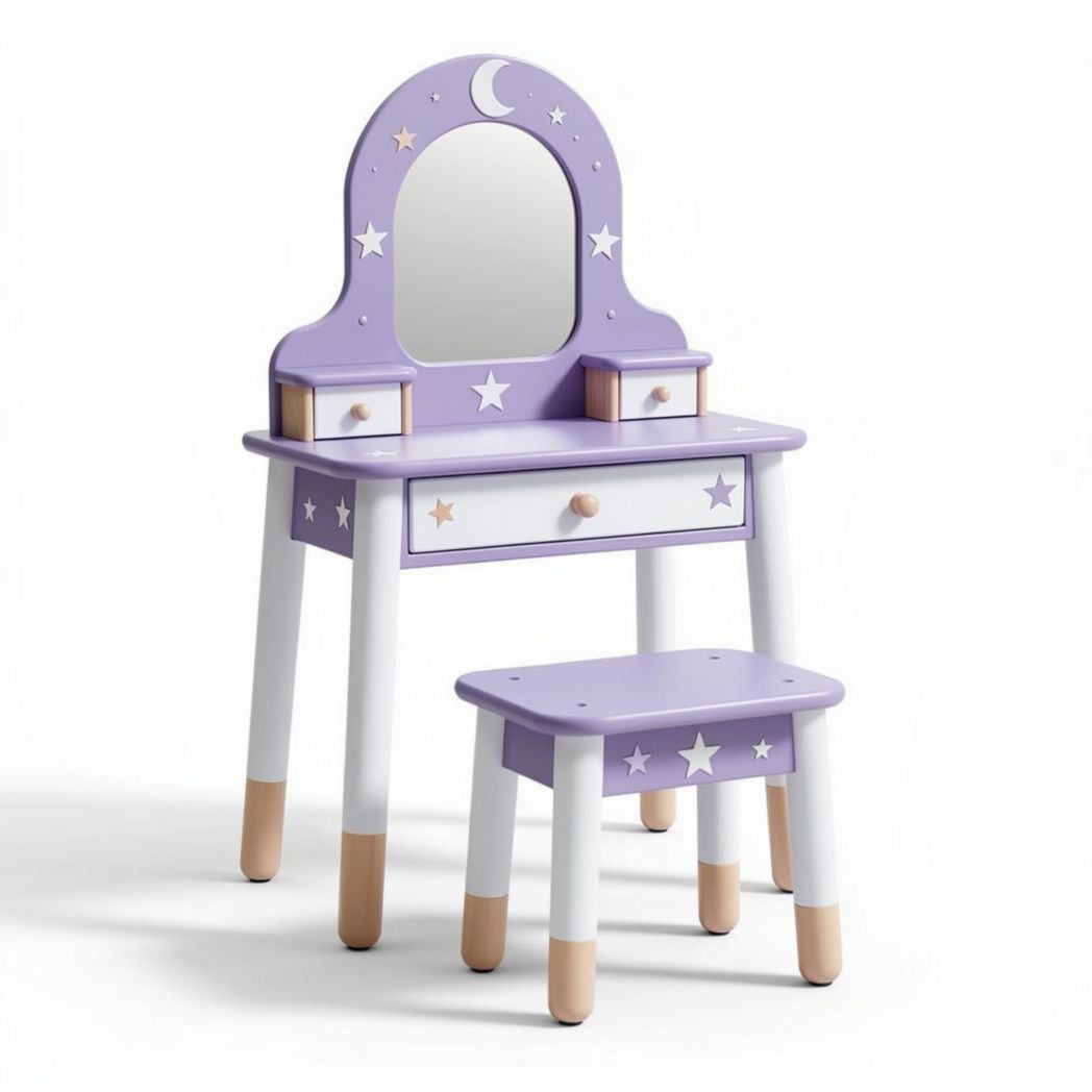 Speelgoed make-uptafel met spiegel en stoeltje in lila en wit 80 x 40 x 100cm